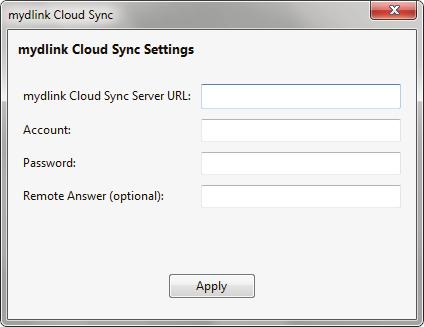 When the mydlink Cloud Sync program starts, enter the mydlink Cloud Sync Server URL, the Account