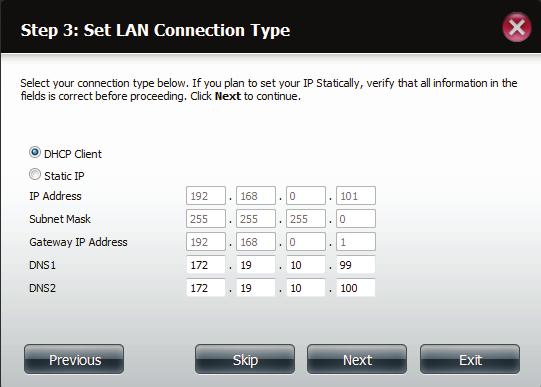 Edit or change the LAN settings. Selecting DHCP Client will cause the device to obtain an IP address from the local DHCP server such as a router.