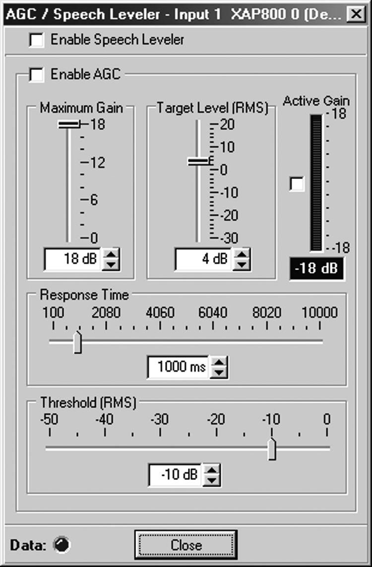38 G-WARE SOFTWARE AUTOMATIC GAIN CONTROL/SPEECH LEVELER Move the cursor to the blue Input 1 label and click. This opens the Input 1-8 Labels window. Proceed to name each input.