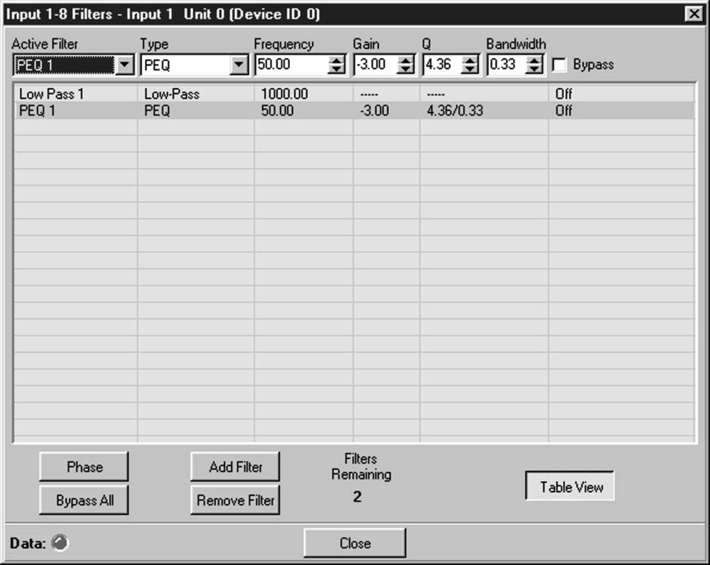 G-WARE SOFTWARE FILTERS 41 increments. Level range is -15 to +15dB in 0.5dB increments. Frequency selects the center frequency (in Hertz) for the filter you are configuring.