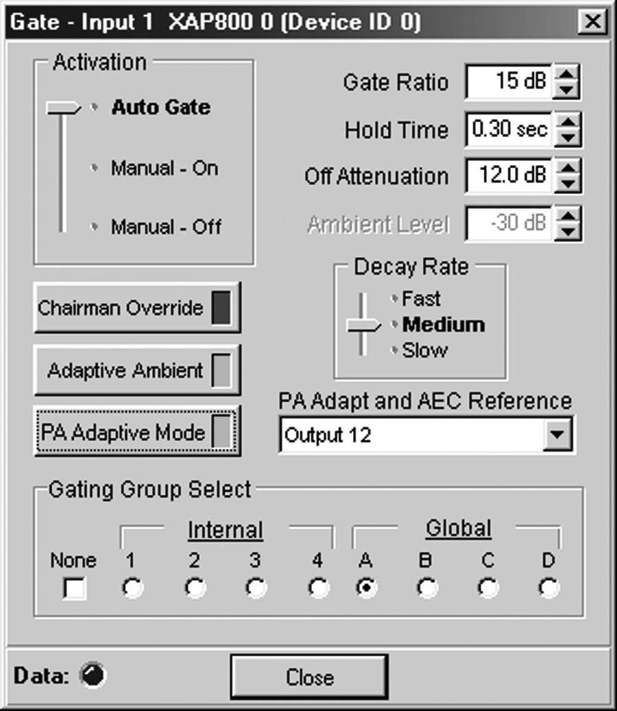 42 G-WARE SOFTWARE GATING PARAMETERS Inputs 1-8 Gating Parameters Next, click Gate to establish the gating parameters you wish to use for the input. The Gate configuration window appears.