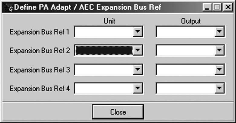 44 G-WARE SOFTWARE GATING PARAMETERS Define PA Adapt/AEC Expansion Bus Ref Window Also, clicking on the G-Ware toolbar opens the Define PA Adapt Expansion Bus Reference window.