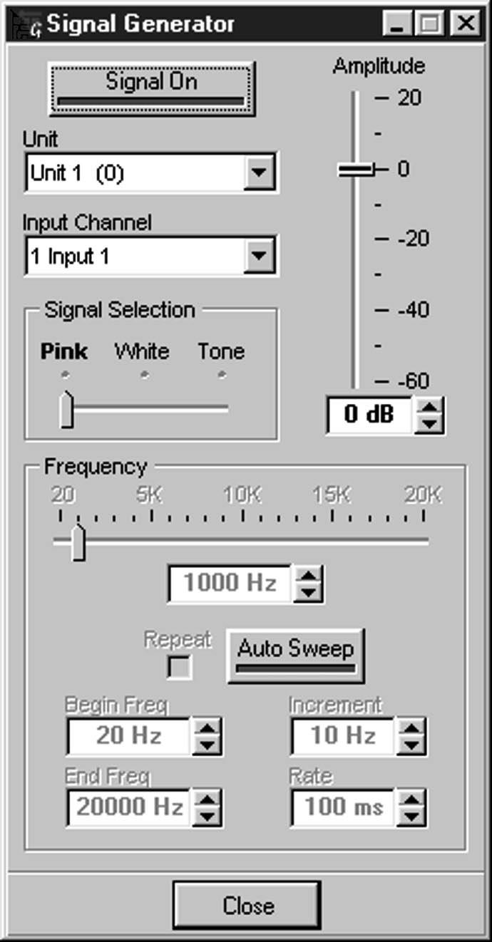ADVANCED OPERATION SIGNAL GENERATOR 67 The test signals created by the signal generator are assigned to a particular input; this allows you to verify the operation of the processor settings you have