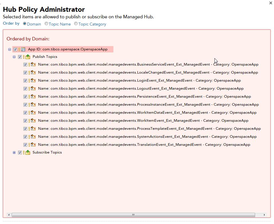 150 Administering Managed Events Overview Using the Hub Policy Administrator The Hub Policy Administrator is used to configure what URI's have access to publish or subscribe to topics for messages or