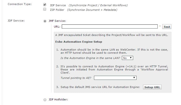 If you however selected that the connection is to a JDF service, you need to specify the destination to which the JDF tickets should be written/send.