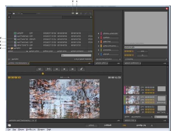 You can leverage the metadata when you export to Adobe Premiere Pro or other applications. The List workspace List workspace A. Bin B. Movie clip C. Movie clip open in the Timeline D.