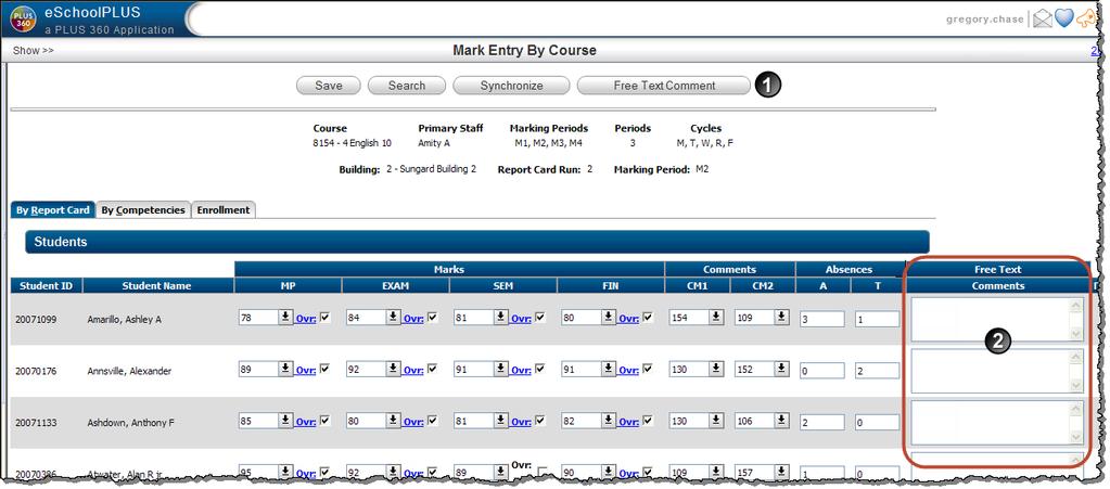 Path: Student Center > Mark Reporting > Report Card Summary > select a student > select a course Added Free Text Fields and a Related Button to the Mark Entry by Course Page The Mark Entry by Course