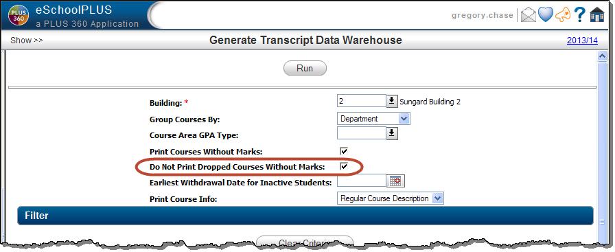 When the Do Not Print Dropped Courses Without Marks box is checked, the data warehouse function will exclude dropped courses that do not have any marks or absences recorded.