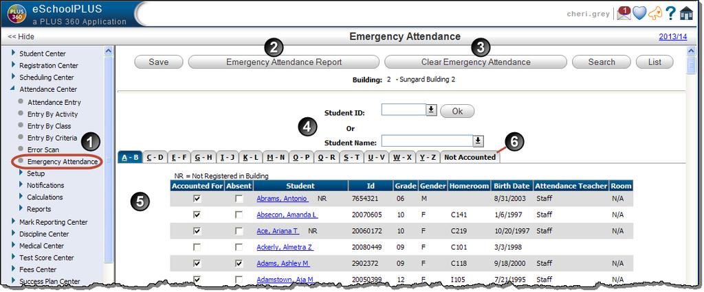 The tab's fields specify the contact types and phone types to use in the Emergency Attendance report. When the report is generated, the user can choose whether to include contact phone numbers.
