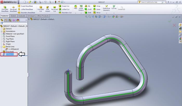 In SolidWorks, select either the 3D Sketch or Sweep of the part from the Features list on the left