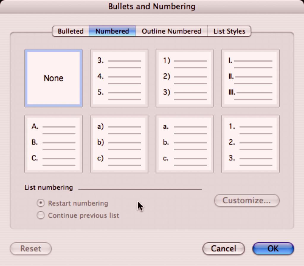 5.2 Automatic Numbering Automatic numbering allows quick organization of the steps in a process. 1. Click on Format. A drop-down menu appears. 2. Select Bullets and Numbering.