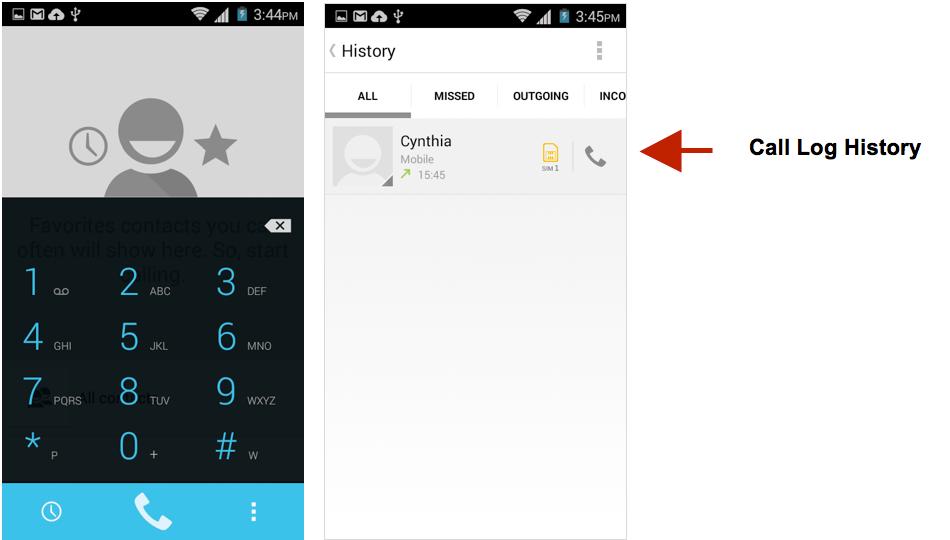 Call Logs Every telephone number called and received will be saved in the phones call log. All numbers in the call log can be dialed directly by clicking the dial icon on the screen.
