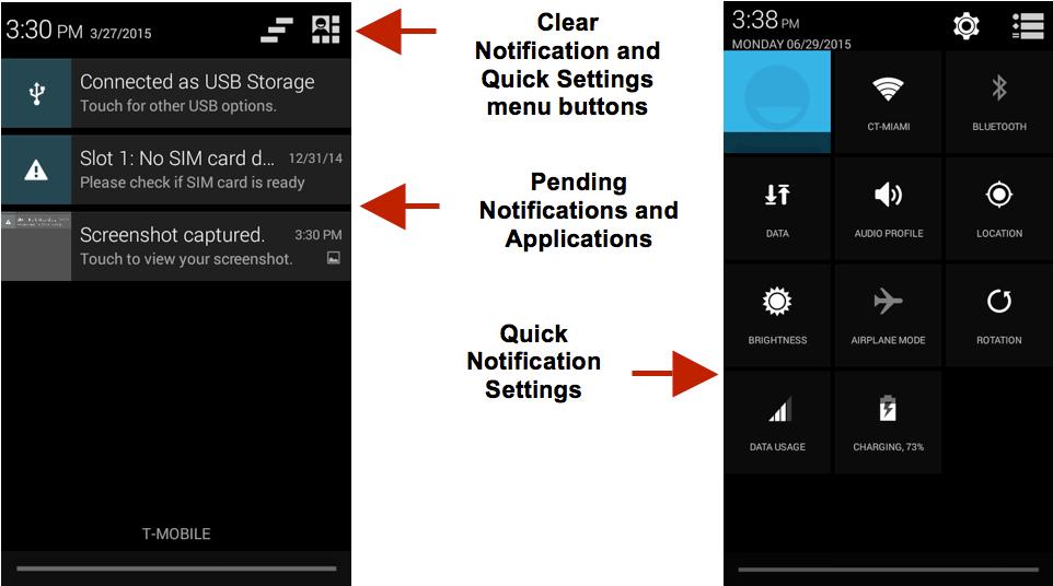 Notification Settings The notification settings window provides shortcuts to different phone settings for quick access. Click on any of the shortcut notification icons to power on or off.