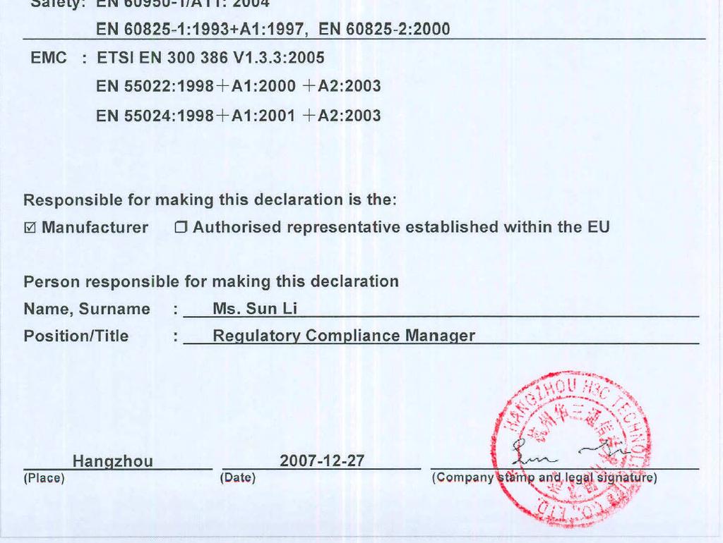 1 Regulatory compliance statement C.1.1 European
