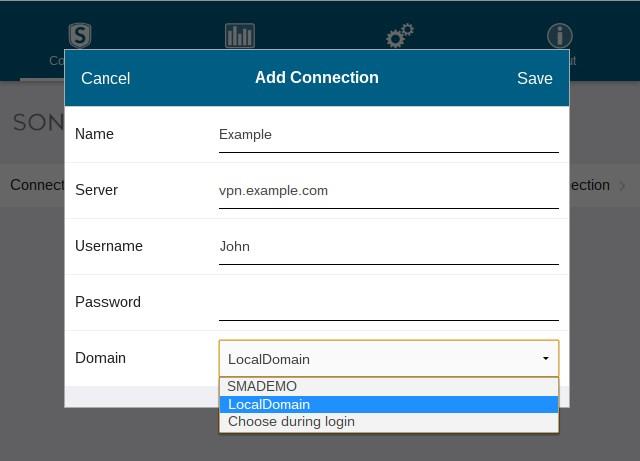 To select a different domain, click Domain to display a drop-down menu of the available options, then select the correct domain. 6 Click Save to create the new connection.