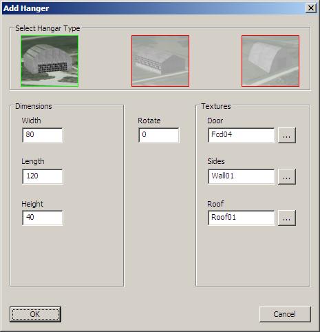 Blocks, Hangars and Tanks These parameter windows can adjust length, width, height, rotation, and the texture to use on each object.