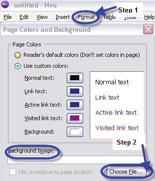 6. To use a graphic for a background: FORMAT > Page Colors and Background Click on Choose File.