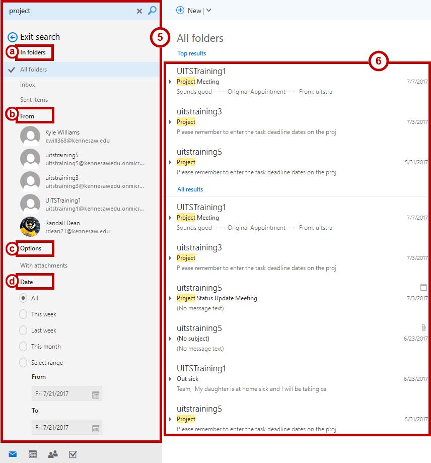 Search results appear in the folder navigation pane on the left with the search term listed at the top along with the following options for filtering search results (See Figure 4): a.