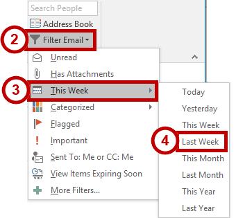 The following explains how to filter email messages in the Microsoft Outlook for the PC: 1. In the Ribbon, click Home. 2. Under the Find group, click Filter Email (See Figure 22). 3.