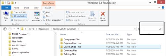 WINDOWS 8.1 FOUNDATION FOR BUSINESS USERS PAGE 115 You will notice a search box displayed towards the top-right corner.