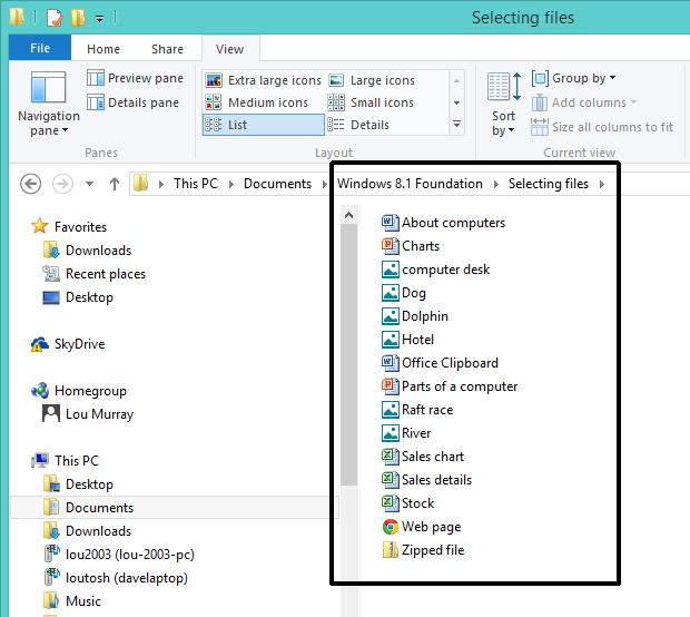 WINDOWS 8.1 FOUNDATION FOR BUSINESS USERS PAGE 71 Click on the List button within the Ribbon. The files will look like this. As you can see in List view just the file name is displayed, nothing else.