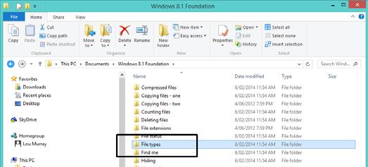 WINDOWS 8.1 FOUNDATION FOR BUSINESS USERS PAGE 84 Manipulating Files File Types Display the contents of the File Types folder.