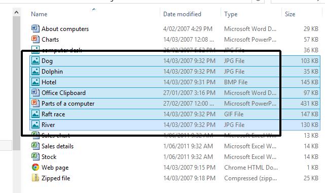 WINDOWS 8.1 FOUNDATION FOR BUSINESS USERS PAGE 90 Click on a different file and the multiple files are no longer selected.