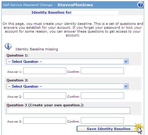 After entering the questions and answers, choose the Save Identity Baseline button.