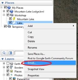 This option can be found by right clicking on an item in Places and selecting Post to Google Earth Community Forum (see left). An easier way to share places with others is to email them a KML.