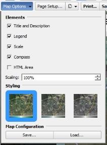 Use the drop down Map Options menu at the top of the map window to choose which map elements to include (see left).
