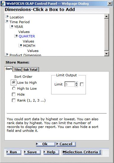 Sorting Data The following image shows these three selections on the OLAP Control Panel. a. Accept the default sort order: Low to High. b.