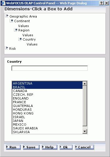 1. Analyzing Data in an OLAP Report 5. In this window, choose ARGENTINA and BRAZIL, as shown in the following image. (Hold down the Ctrl key to multiselect values.) 6.