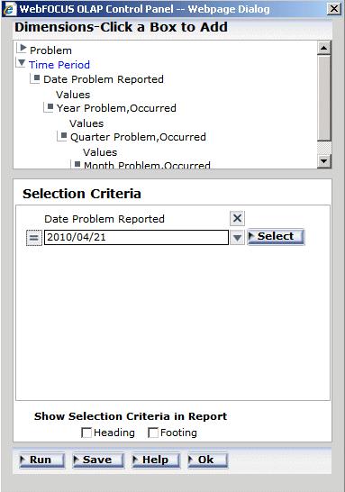 1. Analyzing Data in an OLAP Report 6. Select values. For example: a. Change the year to 2010 in the Year field by using the spin controls or typing the value. b. Select April from the Months drop-down list.