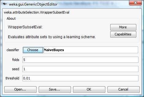4.2 Implementing the wrapper process using Weka We activate the SELECT ATTRIBUTES tab. We choose (CHOOSE button) the WRAPPERSUBSETEVAL approach as ATTRIBUTE EVALUATOR.