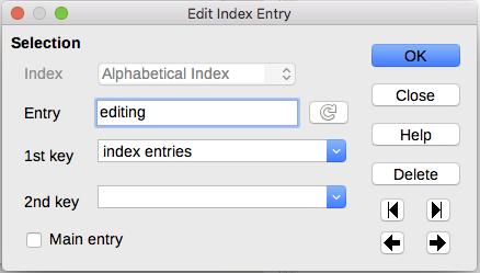 Figure 13: Viewing and editing index entries Other types of indexes An alphabetical index is not the only type of index that you can build with Writer.