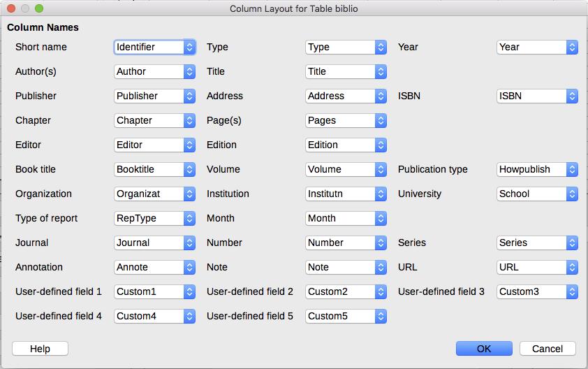 Changing column details To change the details of columns in the bibliographic database, select Edit > Column Arrangement from the Menu bar, or click the Column Arrangement button on the tolbar near