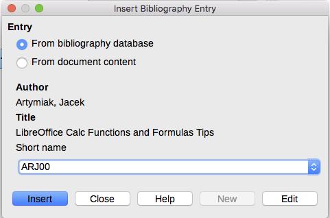 Figure 22: Inserting bibliographic entries into a document 4) Select the reference from the Short name drop-down list near the bottom of the dialog.