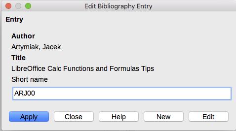 Figure 23: Edit a bibliography entry To quickly edit only the Short name, click on the text box, alter the entry and then click Apply.