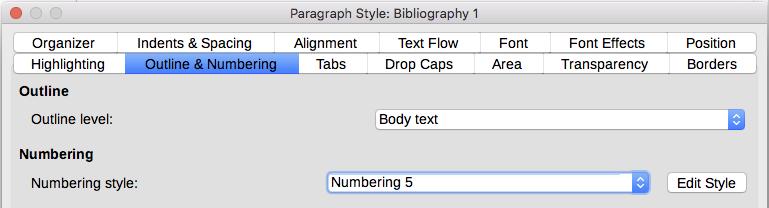 Figure 28: Applying a numbering style to a paragraph style Now when you generate the bibliography, the list will look something like the one shown below for a book after removing elements from the