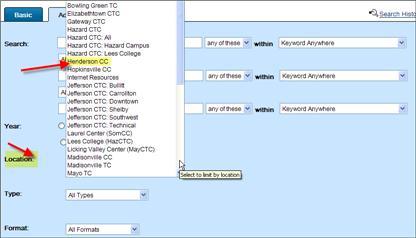 Specify which KCTCS library to search by clicking the drop-down box and