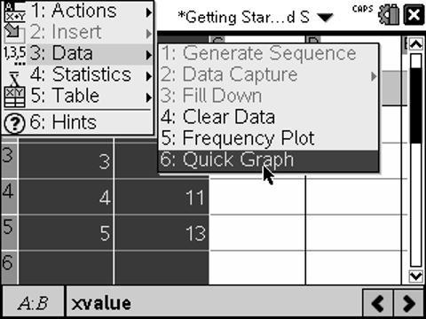 3. Create a Quick Graph. Go back to Page 1.1 Press the Touchpad until the entire column A is highlighted. Hold down g and press the Touchpad to highlight column B also.