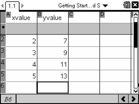 The List & Spreadsheet Application 1. Open a New Document and add a List & Spreadsheet page. Move to the top of column A and label the column as xvalue Insert data {1,2,3,4,5} into cells A1-A5.