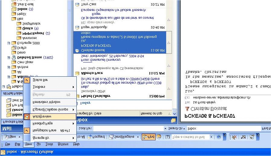 Figure 6: Outlook 2003 Main window customization Mail list AutoPreview User can display an auto preview of emails in the mail list