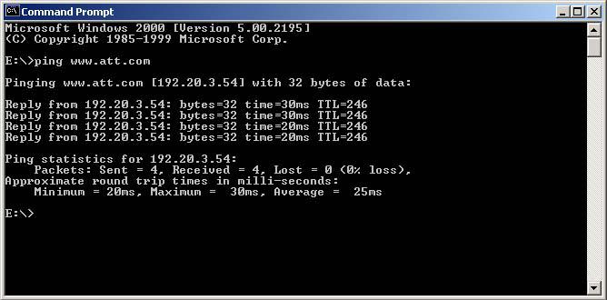 4. At the DOS command prompt, type in: Ping www.att.