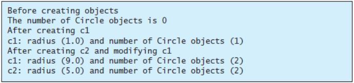 Example 13 UML Class Diagram: Static Members Example Circle radius: double numberofobjects: int getnumberofobjects(): int getarea(): double instantiate instantiate circle1 radius = 1 numberofobjects