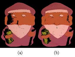 Figure 7: Estimated pseudo-albedo: (a) from image1, (b) from image2 Figure 8: Histograms of the difference between the estimated pseudo-albedo from image1 and the one from image2: (a) red, (b) green,