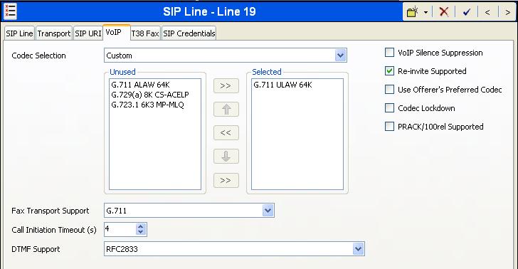 Select the VoIP tab, to set the Voice over Internet Protocol parameters of the SIP line. Set the parameters as shown below. Configure the trunk to only use the G.711 ULAW codec.