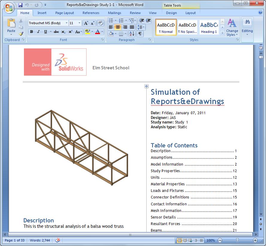 Reports and SolidWorks edrawings 6 Report. The report, complete with data and images, appears in a new window as soon as it is generated. Close the window or print the report.