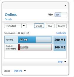 Usage meter: Users can view graphs representing historic data usage (MB/GB) for mobile broadband data connections, both roaming and non-roaming (Windows).
