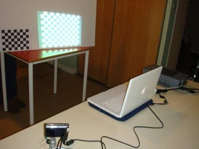 Calibration of a Projector-Camera System Calibrate the camera using [Zhang 2000] Recover calibration plane in camera coordinate system Project a checkerboard on the calibration board and detect